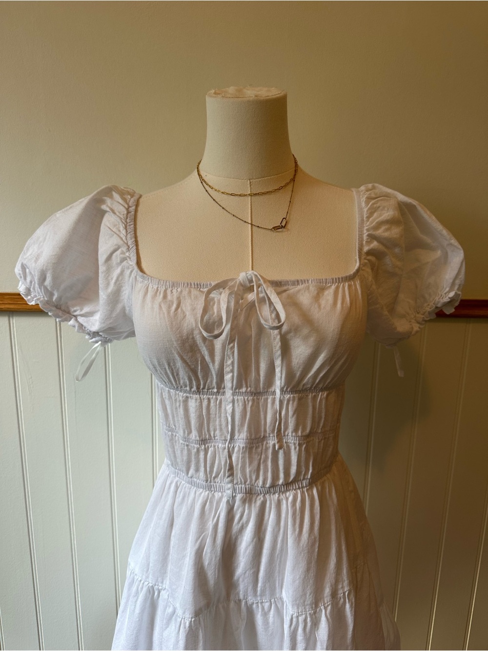 White Cottagecore Puff Sleeve Dress – Small - Picture 3 of 6